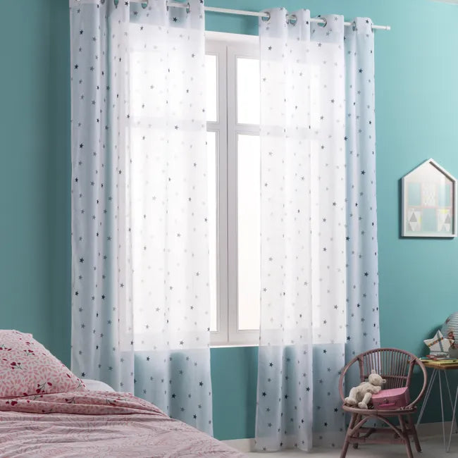 Voilage tamisant, Stars bleu et blanc l.135 x H.260 cm