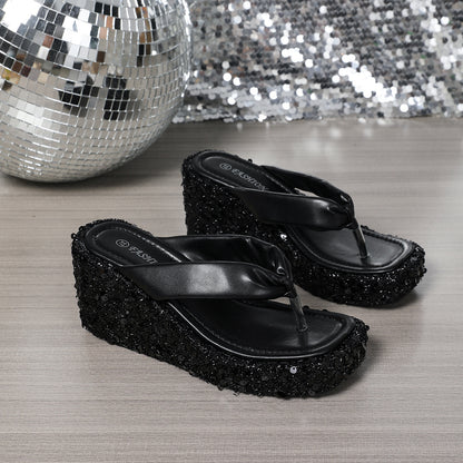 Sandales "Sparkle-Wedge" – Tongs Compensées à Paillettes & Finition Argentée