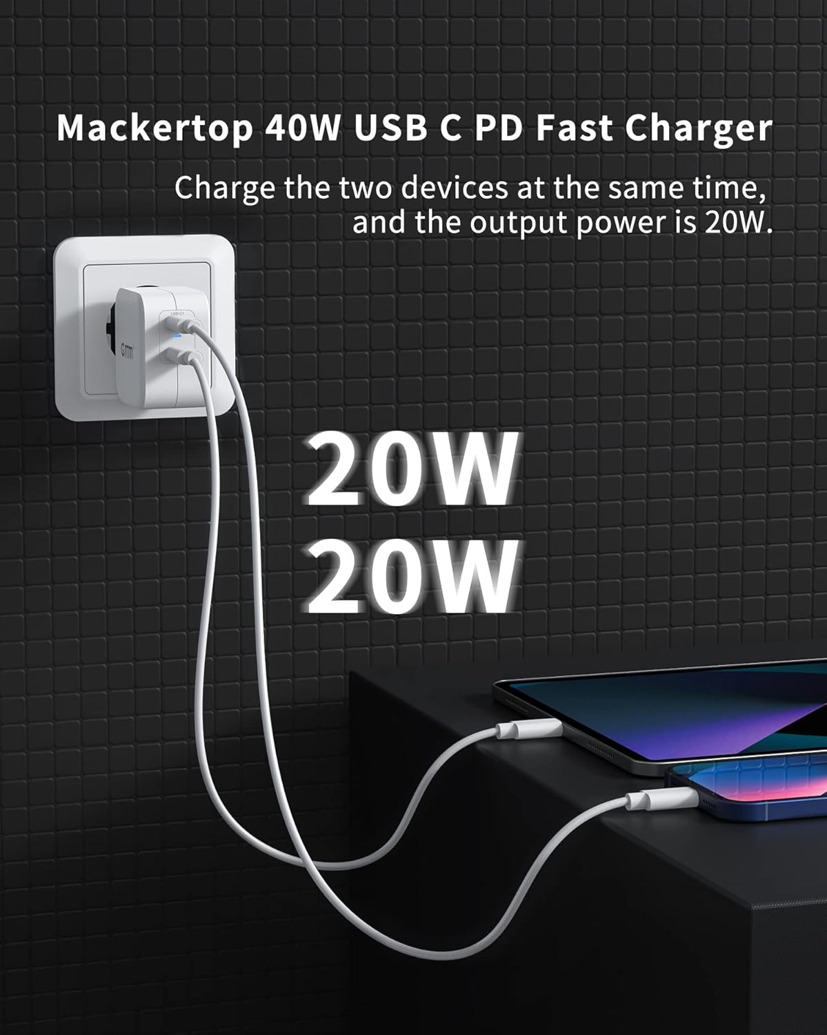 Chargeur USB C 40W, Dual USB-C Chargeur Rapide, 2 Ports PD 3.0 Chargeur 20W Compatible avec iPhone 13, 13 Pro, 13 Pro Max, iPhone 13 Mini