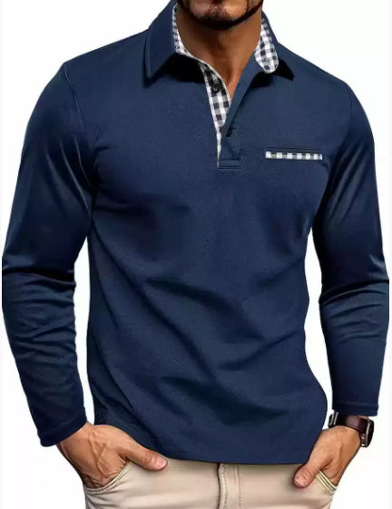 Polo "Urban-Check" – Manches Longues, Col à Revers & Détails à Carreaux Contrastés