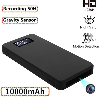 Caméra Espion Cachée, Mini Caméra de Sécurité 10000mAh Portable Charger Caméra de Surveillance 1080P avec Vision Nocturne Détection de Mouvement Capteur de Gravité(Pas de Carte SD)
