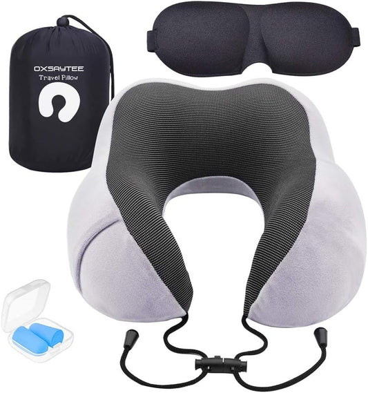 Oreiller de Voyage | U-Oreiller Cervical en Mousse à Mémoire | Couverture du Coussin Voyage Ergonomique Cou Oreiller 360°Tête et Cou Support Parfait- Bouchons d'oreilles, Masque et Sac