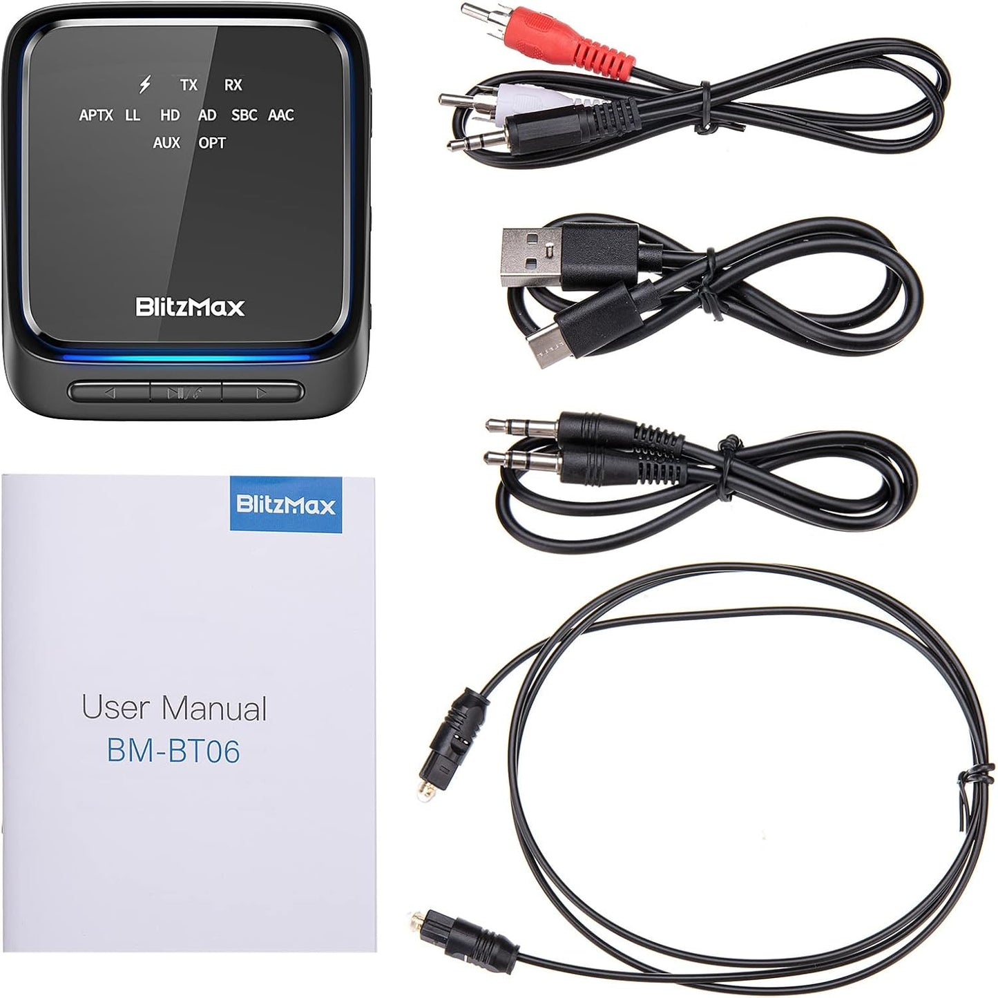 Adaptateur Bluetooth 5.2, récepteur émetteur, Faible Latence et HD, Double Connexion, Sortie Optique numérique AUX + RCA + 3,5 mm, pour TV/Haut-Parleur/stéréo Domestique/Ordinateur Portable