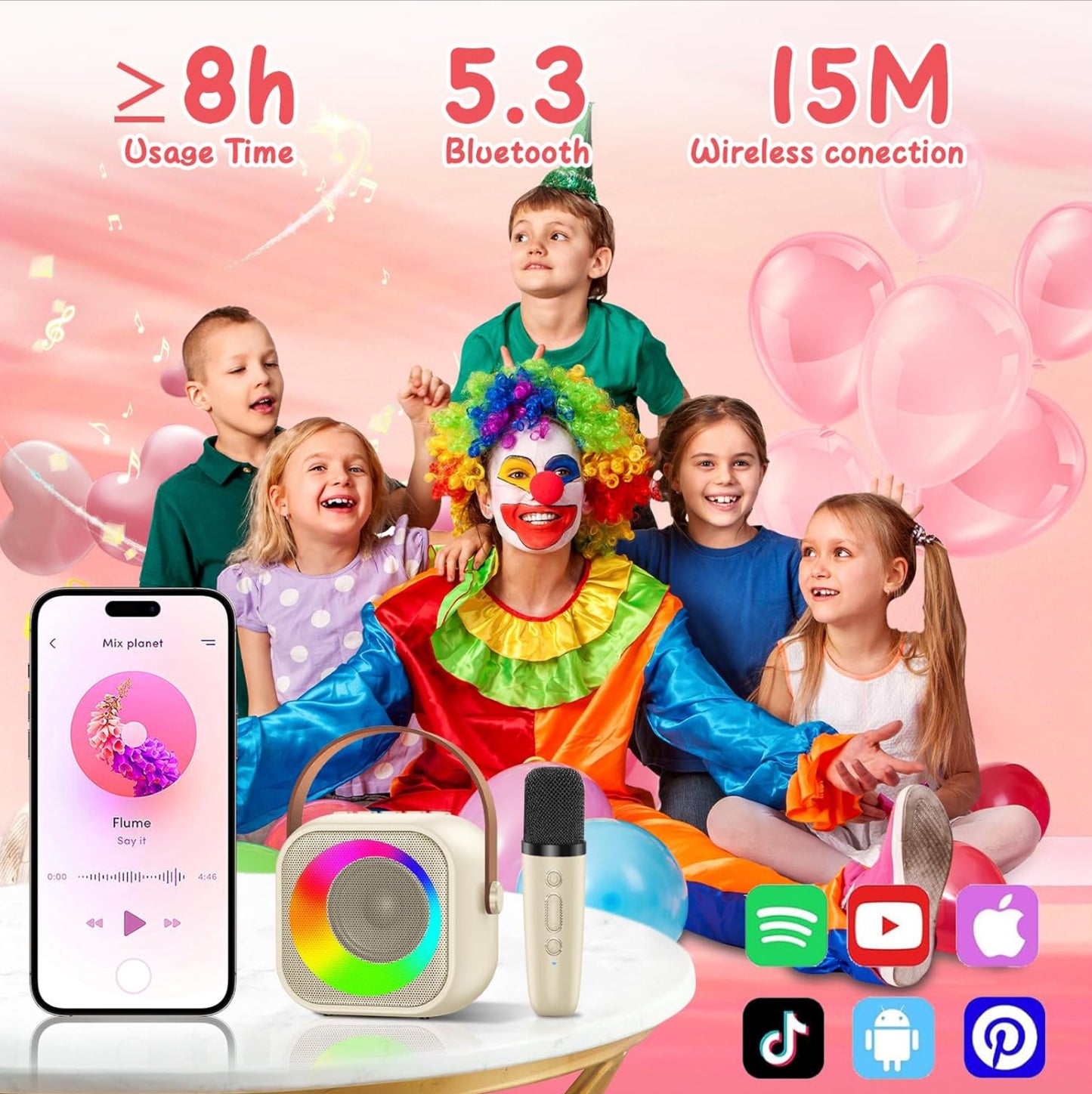 Machine à Karaoké pour Enfants 3-12 Ans - Micro sans Fil Bluetooth, 2 Micros, Lumières LED, Transformateur de Voix - Cadeau Anniversaire Fille/Garçon, Jeux de Musique Famille - Batterie Rechargeable