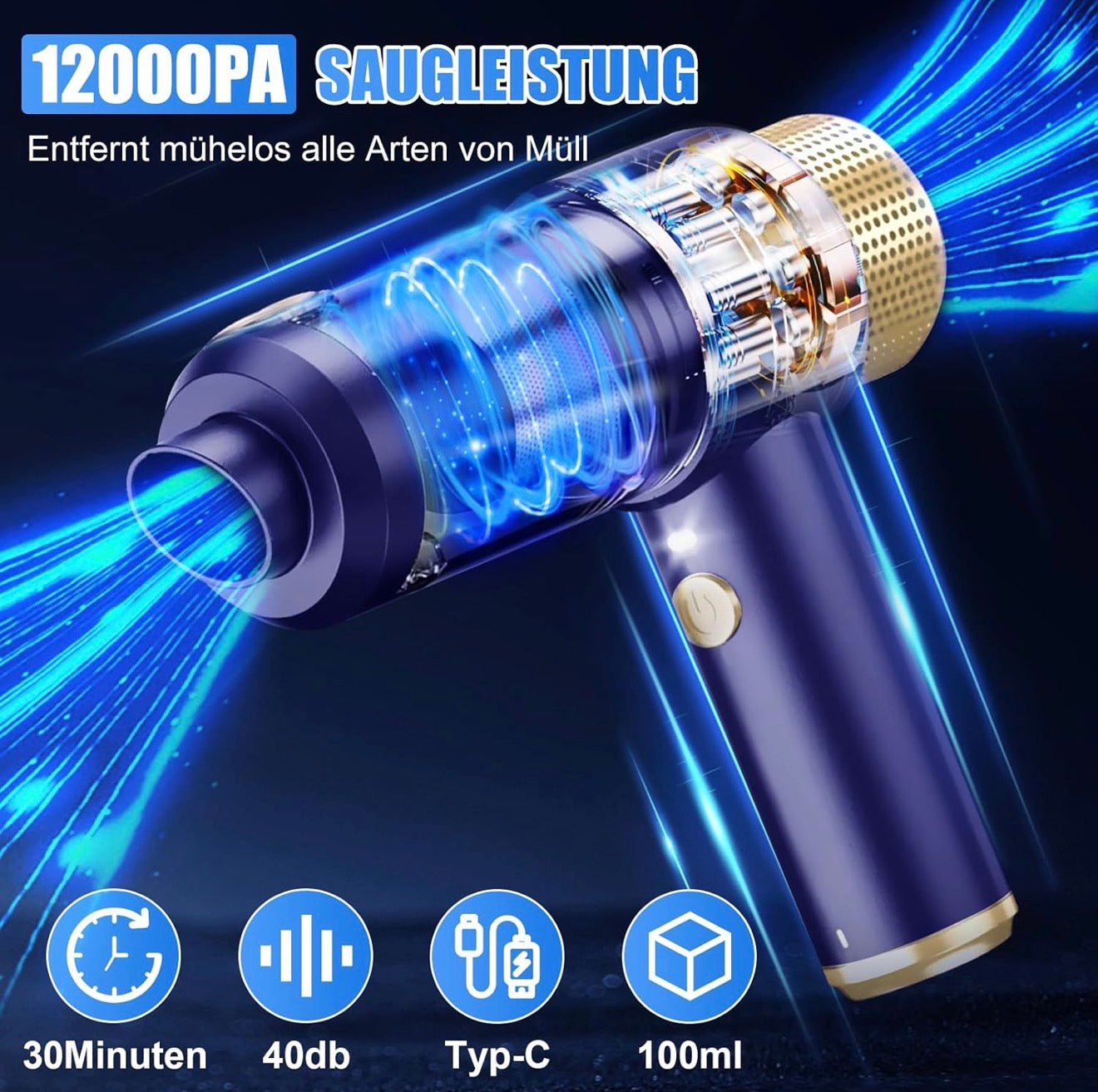 Aspirateur à main sans fil 12000 PA 4 en 1 avec 2 filtres HEPA lavables pour voiture, cuisine, maison et nettoyage des poils d'animaux, rechargeable, portable, léger