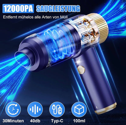 Aspirateur à main sans fil 12000 PA 4 en 1 avec 2 filtres HEPA lavables pour voiture, cuisine, maison et nettoyage des poils d'animaux, rechargeable, portable, léger