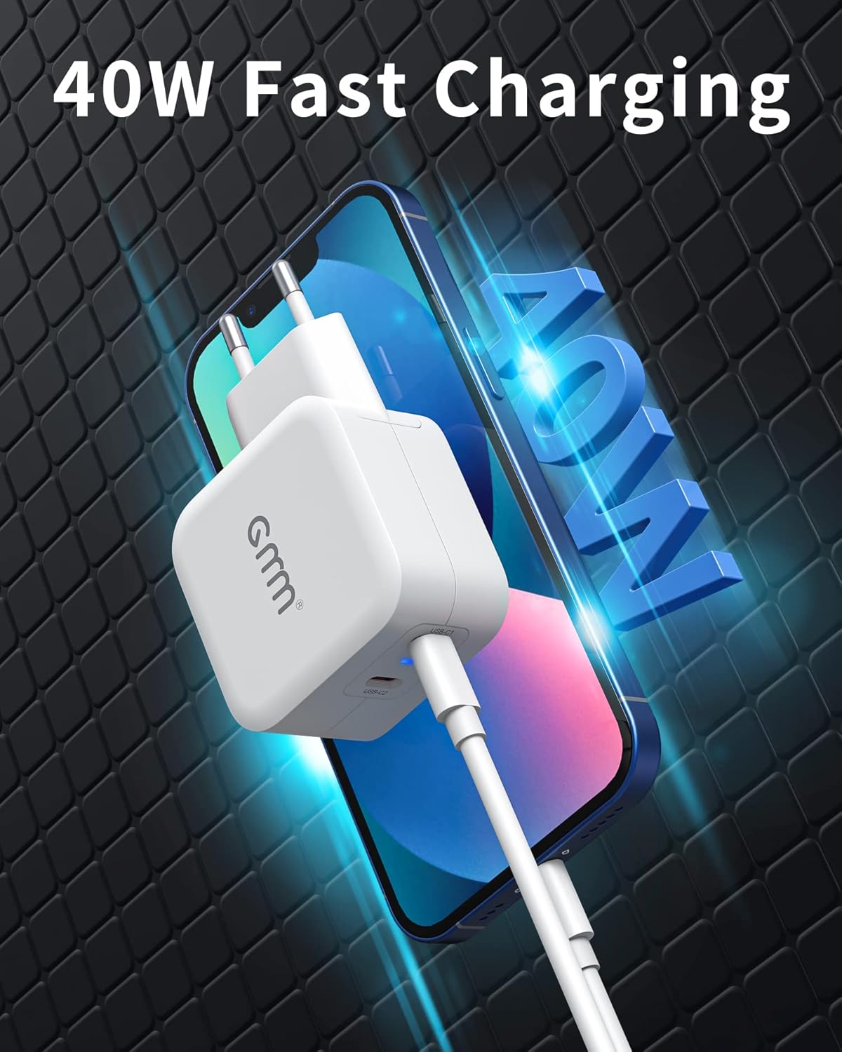 Chargeur USB C 40W, Dual USB-C Chargeur Rapide, 2 Ports PD 3.0 Chargeur 20W Compatible avec iPhone 13, 13 Pro, 13 Pro Max, iPhone 13 Mini