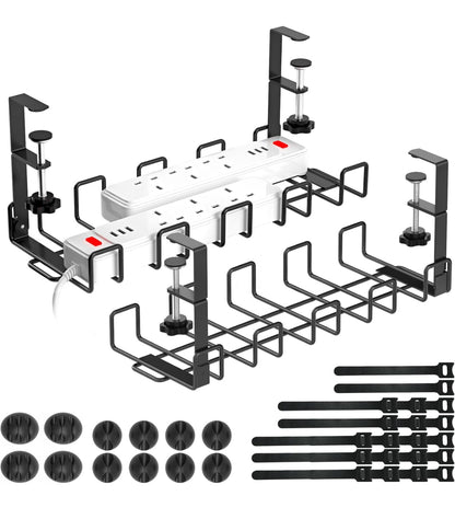 Lot de 2 plateaux de gestion de câbles sans perçage sous le bureau, organiseur de câbles en métal pour la gestion des fils, panier de câbles avec bandes de câbles, noir