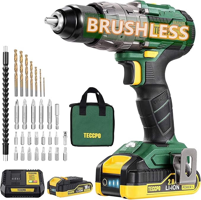 TECCPO Perceuse Visseuse sans Fil Brushless, 18V Perceuse a Percussion(60Nm), 30min Rapide Chargeur, 2×2.0Ah Batteries, 13mm Mandrin, 2 Vitesses (0-550/2000 tr/min), 35pcs Gratuit Accesoires-TDHD02P