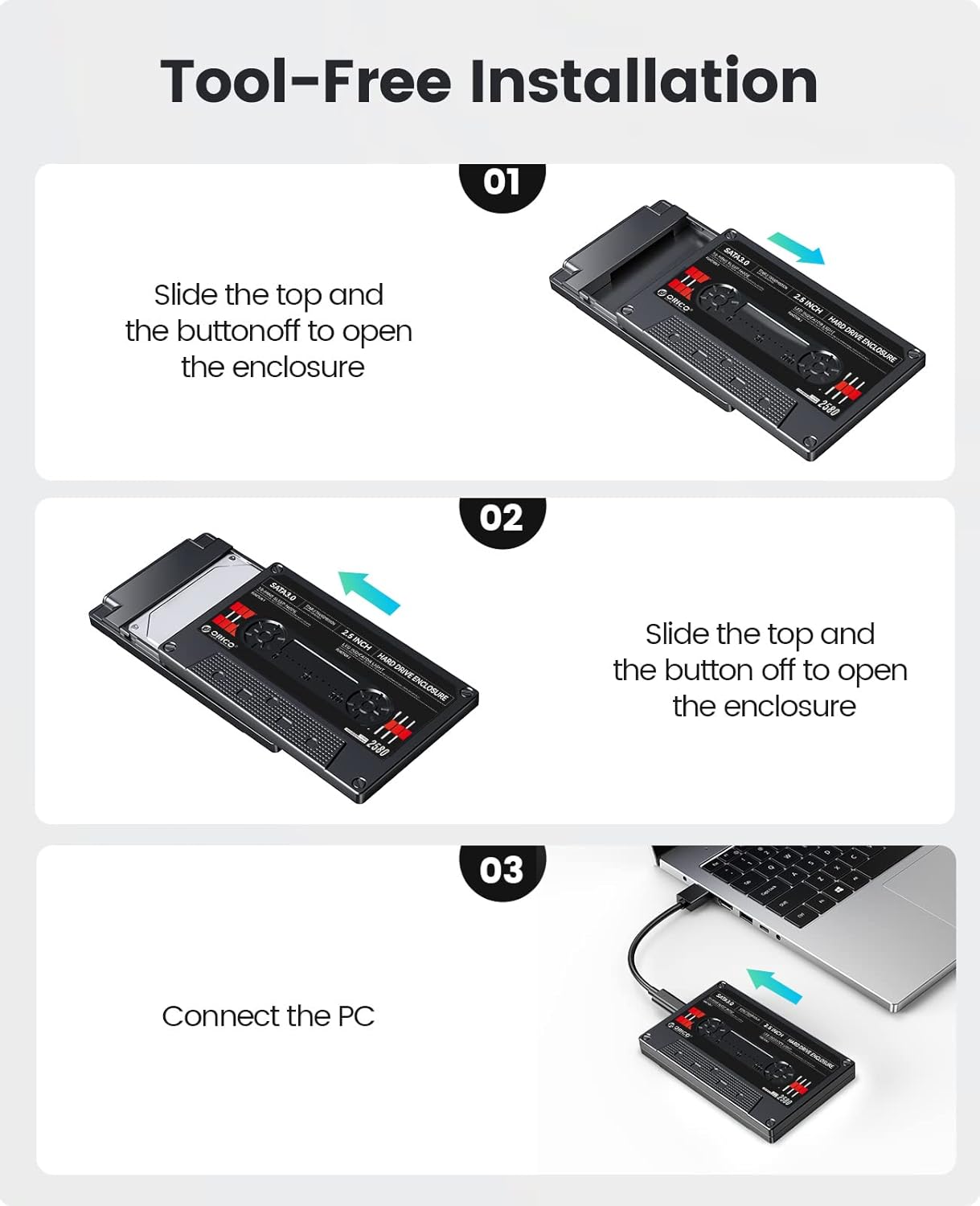 Boîtier Disque Dur 2,5'' USB3.0 vers SATA, Tape-Retro Boîtier pour Disque Dur Externe pour Disque Dur SSD de 7/9,5 mm, Supporte UASP et Une Capacité Jusqu'à 6TB, Noir(2580U3-V1-BK)