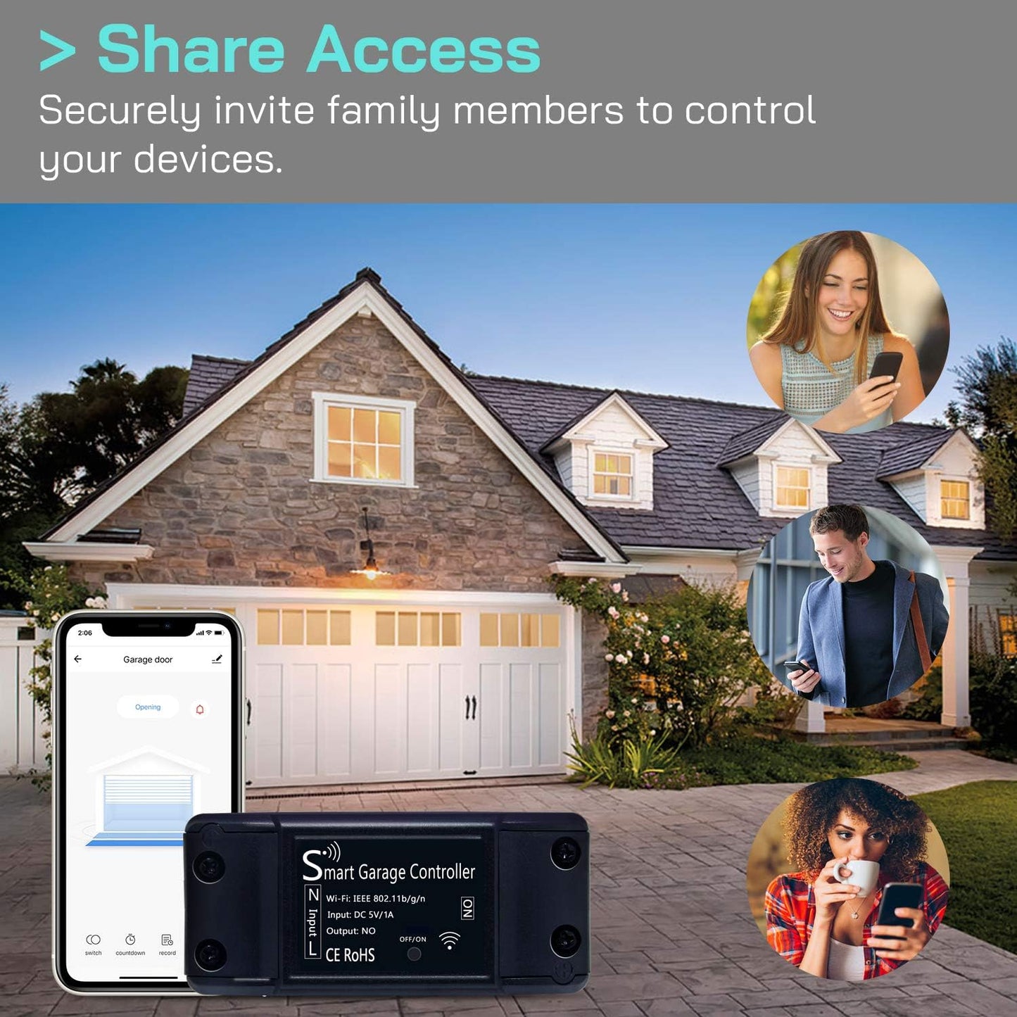 Ouvre-porte Wifi Ouvre-porte de garage Smart Smart | Télécommande APP | Compatible avec Google Assistant et IFTTT | Aucun hub requis | (noir)