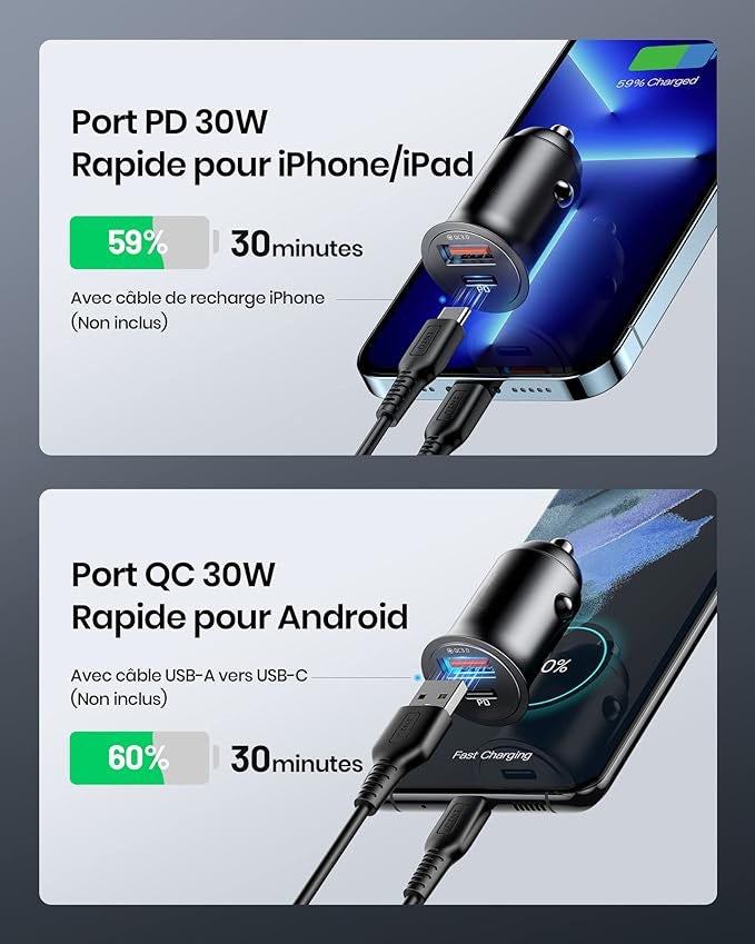 Allume Cigare USB C, 2 Ports 60W Charge Rapide Chargeur Voiture with USB C USB A, Prise Allume Cigare 12V pour iPhone 15 14 13 12 11 Pro Max Mini Plus Samsung S23 Huawei iPad AirPods Switch etc