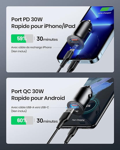 Allume Cigare USB C, 2 Ports 60W Charge Rapide Chargeur Voiture with USB C USB A, Prise Allume Cigare 12V pour iPhone 15 14 13 12 11 Pro Max Mini Plus Samsung S23 Huawei iPad AirPods Switch etc