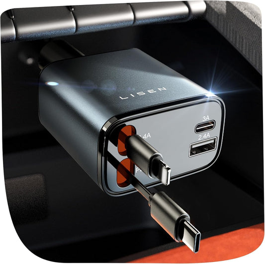Chargeur Voiture USB C 69W 4 en 1 Rétractable[Câble Magique & Rebond Instantané] Chargeur Allume Cigare Voyage Camping Car Accessoires, Cadeau Maman Papa Cadeau Fête Des Meres pour iPhone 16 15
