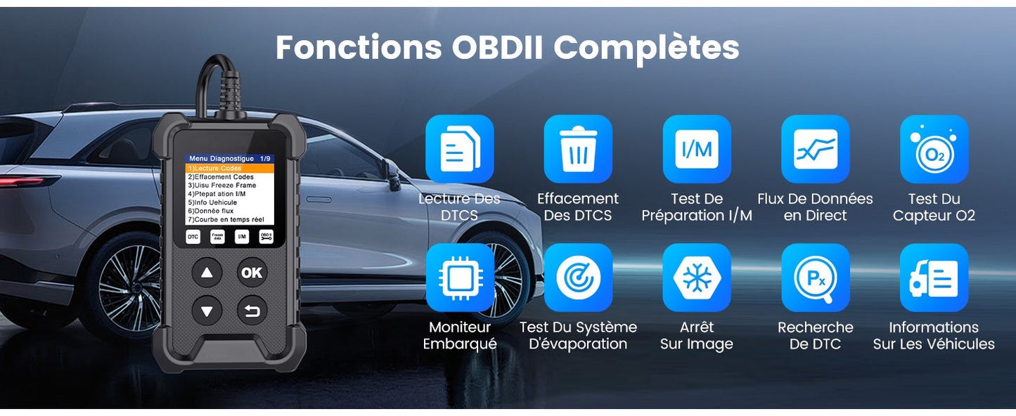 Scanner Lecteur Code Voiture EOBD avec Fonctions OBD2 complètes Vérifier l'outil Diagnostic neuf