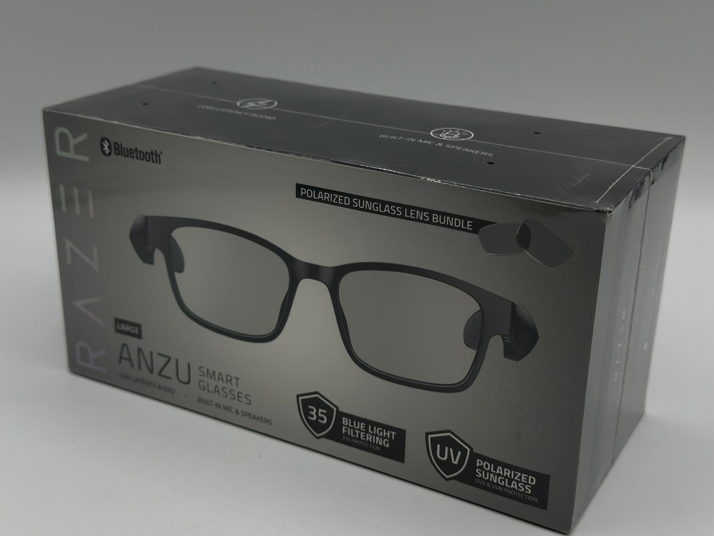 Lunettes à filtre anti-lumière bleue ou lunettes de soleil audio (Rectangle, Large) (Son à faible latence, Conception IPX4 résistante à l’eau, Micro intégré et haut-parleurs) Noir Razer Anzu