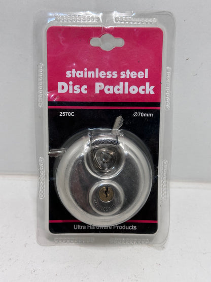 Cadenas en acier inoxydable Forme ronde 70 mm grande Distribution gâteau Lock entrepôt Porte Disc Chaîne antivol Serrure avec 2 clés