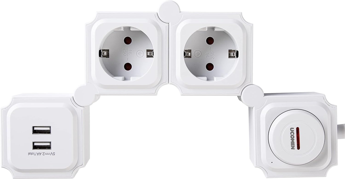 Multiprise Protection contre les surtensions Prise multiple avec fonction de charge USB, adaptateur de prise à 2 compartiments, répartiteur de prise à rotation de 180 degrés pour voyage avec interrupteur, à la maison 3680W 16A, blanc