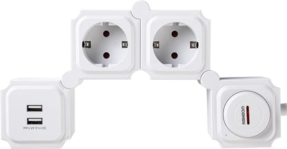 Multiprise Protection contre les surtensions Prise multiple avec fonction de charge USB, adaptateur de prise à 2 compartiments, répartiteur de prise à rotation de 180 degrés pour voyage avec interrupteur, à la maison 3680W 16A, blanc