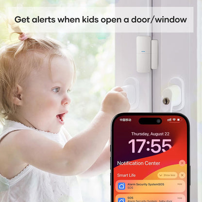Alarme Maison sans Fil Intelligent WiFi - Alarme de Porte, 1 Alarme avec Sirène, 5 Capteurs de Fenêtre et de Porte, 2 Télécommande, Compatible avec Alexa, Google Assistant