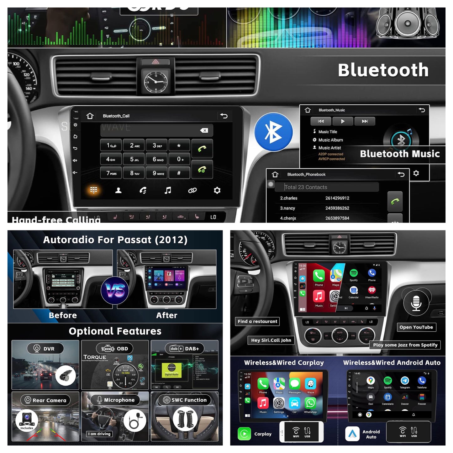 CAMECHO Android 11 Autoradio pour Volkswagen Passat 2012-2015, 2G+32G, Wireless Carplay Android Auto, 10.1" HD écran Double Din Bluetooth avec GPS HiFi Support FM RDS SWC + AHD Caméra de recule