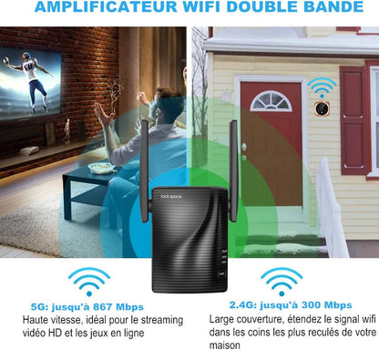 Répéteur WiFi 1200 Mbps Dual Band (5 GHz et 2,4 GHz) avec Port Ethernet, Installation Instantanée Via Bouton WPS - Étend la Couverture jusqu'à 200 m²