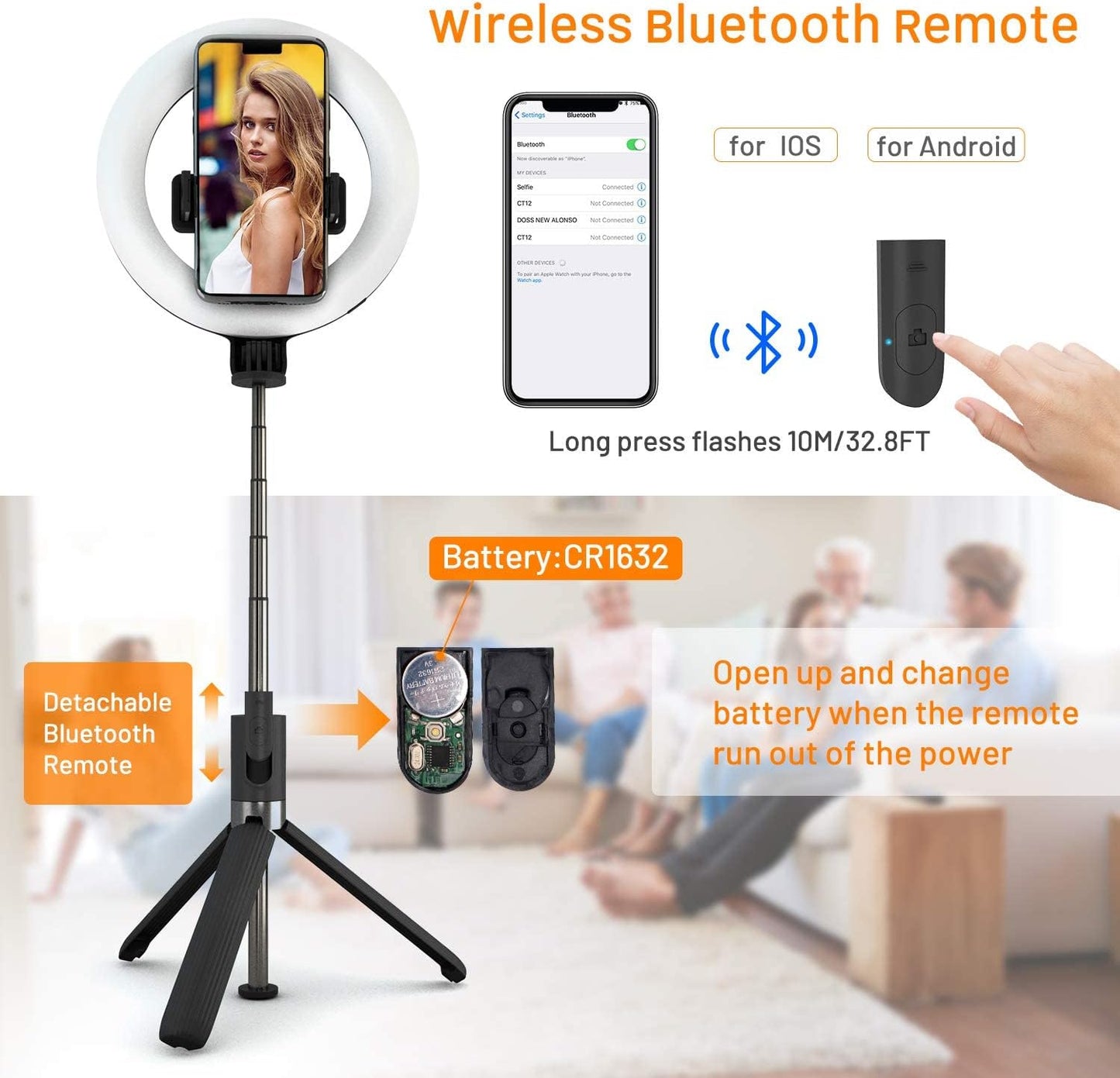 Perche a Selfie [avec Selfie Ring Light], 35.4'' Aluminium Extensible Selfie Stick 360° Rotation avec Bluetooth, Monopode Rechargeable Selfie Anneau Lumineux Compatible pour iPhone/Huawei/Gopro