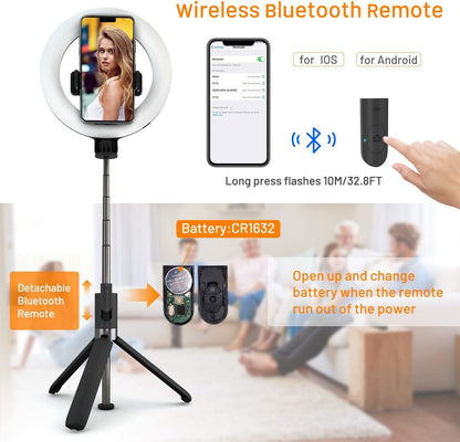 Perche a Selfie [avec Selfie Ring Light], 35.4'' Aluminium Extensible Selfie Stick 360° Rotation avec Bluetooth, Monopode Rechargeable Selfie Anneau Lumineux Compatible pour iPhone/Huawei/Gopro