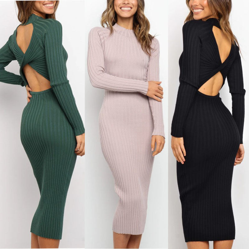 Robe "Elegance-Knot" – Robe Midi en Maille Côtelée avec Dos Nu Croisé