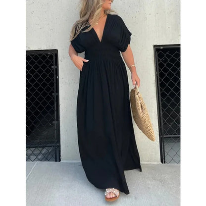 Robe Maxi "Manhattan-Flow" – Manches Chauve-souris, Col en V & Taille Élastique