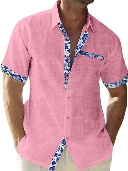 Chemise "Riviera-Floral" – Manches Courtes, Texture Lin & Détails Imprimés