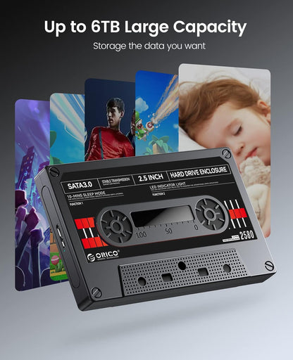 Boîtier Disque Dur 2,5'' USB3.0 vers SATA, Tape-Retro Boîtier pour Disque Dur Externe pour Disque Dur SSD de 7/9,5 mm, Supporte UASP et Une Capacité Jusqu'à 6TB, Noir(2580U3-V1-BK)