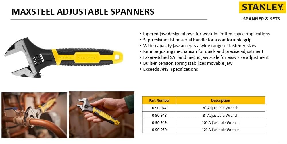 Stanley 0-90-949 250mm Clé À mollette maxSteel Forgée en Acier Chrome Vanadium Traitement Thermique - Poignée Bi matière - mollette de Réglage Crantée -Normes Iso et Din