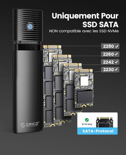 ORICO Boîtier SSD M.2 SATA, Aluminium Adaptateur USB C 5Gbps sans Outil(Pas pour NVMe), Lecteur USB 3.2 M.2 NGFF SATA pour 4TB 2230/2242 /2260/2280 Basé sur SATA B-Key/B+M-Key SSDs- PWM2-BK
