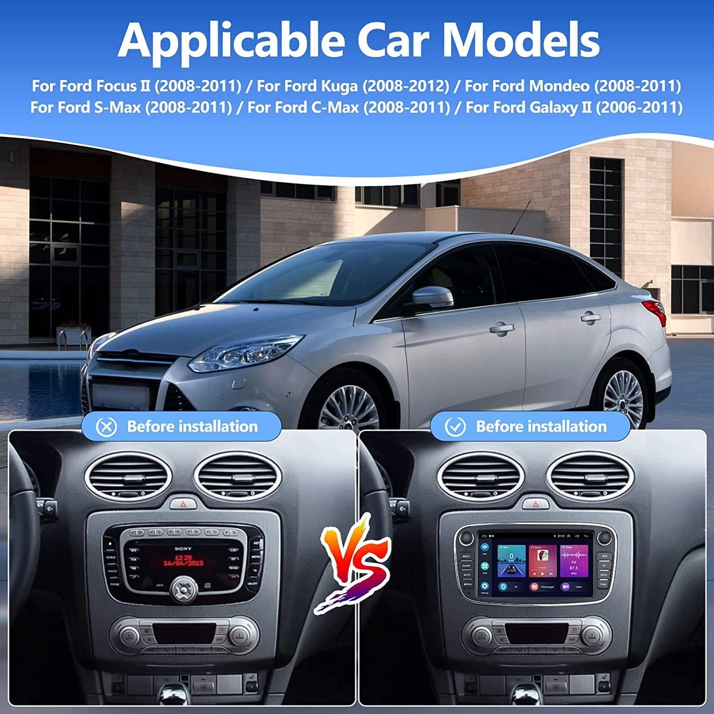 Autoradio 2+32G Android 11- 2 Din avec Carplay pour Ford Focus Mondeo Galaxy Kuga C-Max S-Max neuf