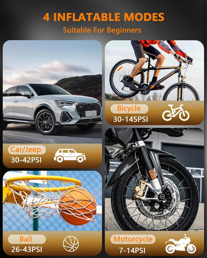 Compresseur à Air Portatif, Gonfleur Pneus Voiture sans Fil avec Jauge, Accessoire Voiture pour Hommes, Mini Compresseur 150PSI 12V DC avec Lumière LED pour Voiture Moto Bicyclette Boule