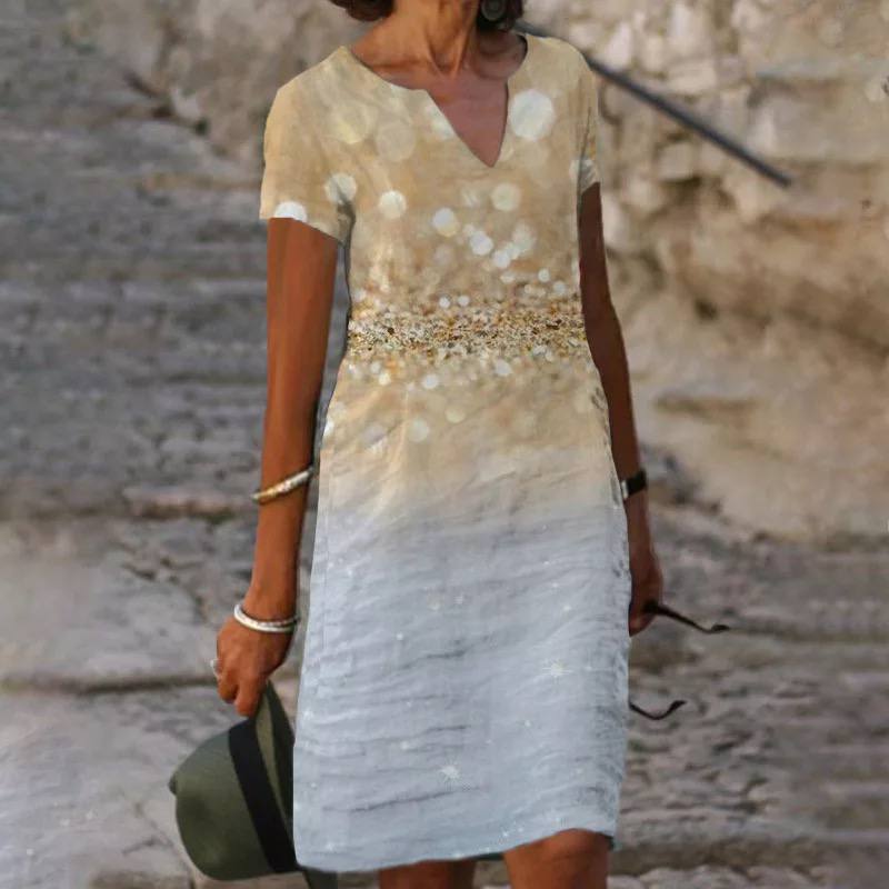 Robe "Gipsy-Linen" – Mi-Longue, Col en V & Imprimé Floral Artistique