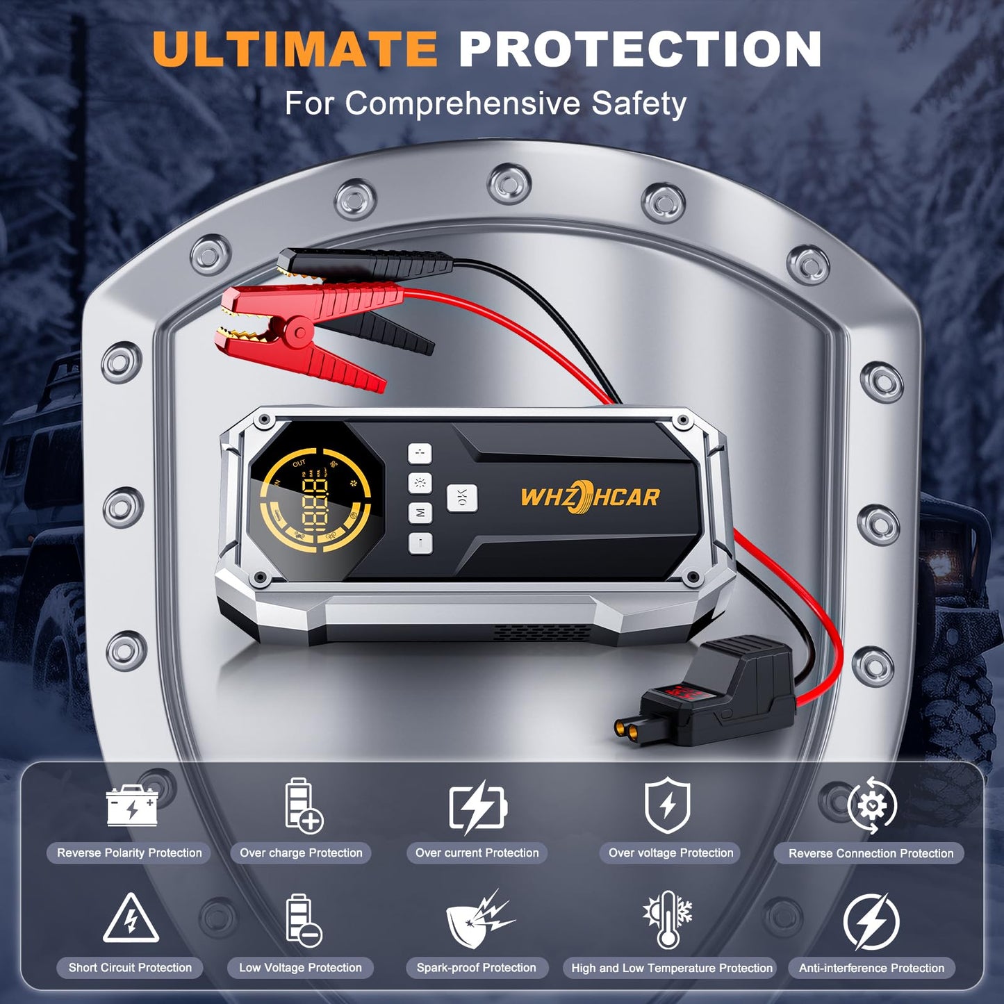 Booster Batterie Voiture 150PSI Compresseur d’Air Booster Batterie Voiture Puissant 12V Jump Starter pour Véhicule Pack avec Power Bank Pinces de Sûreté Intelligentes Lampe à LED