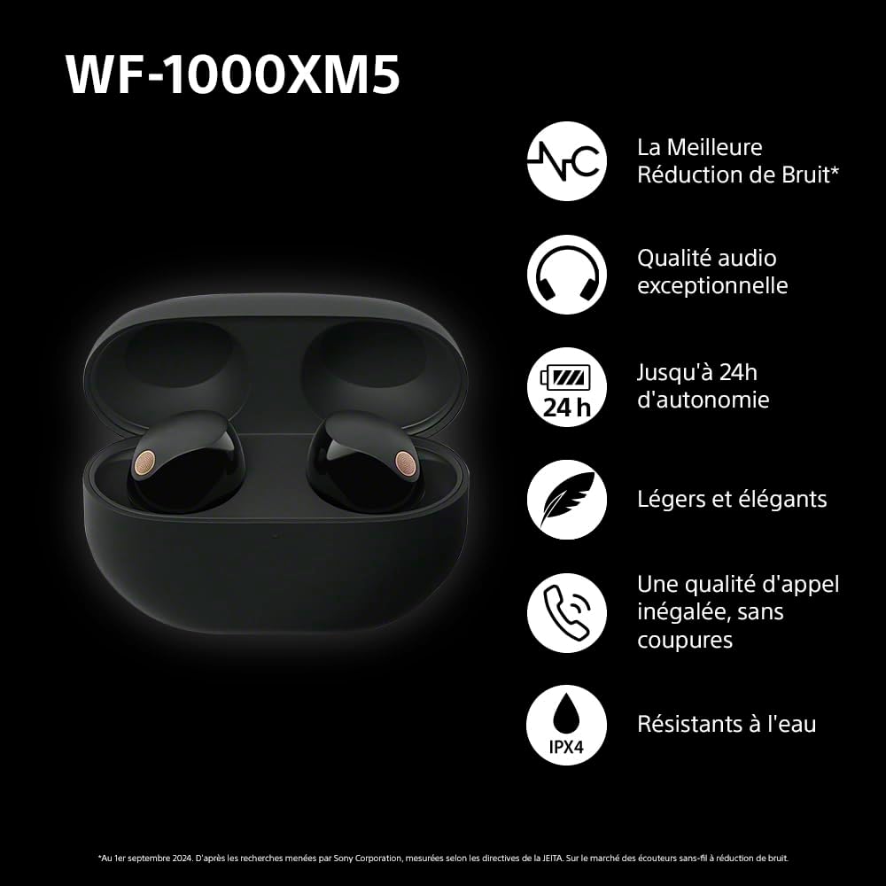 Sony WF-1000XM5 écouteurs sans Fil à réduction de Bruit, Bluetooth, Intra-Auriculaires avec Micro, 36 Heures d'autonomie, Charge Rapide, IPX4, Compatible iOS et Android - Noir