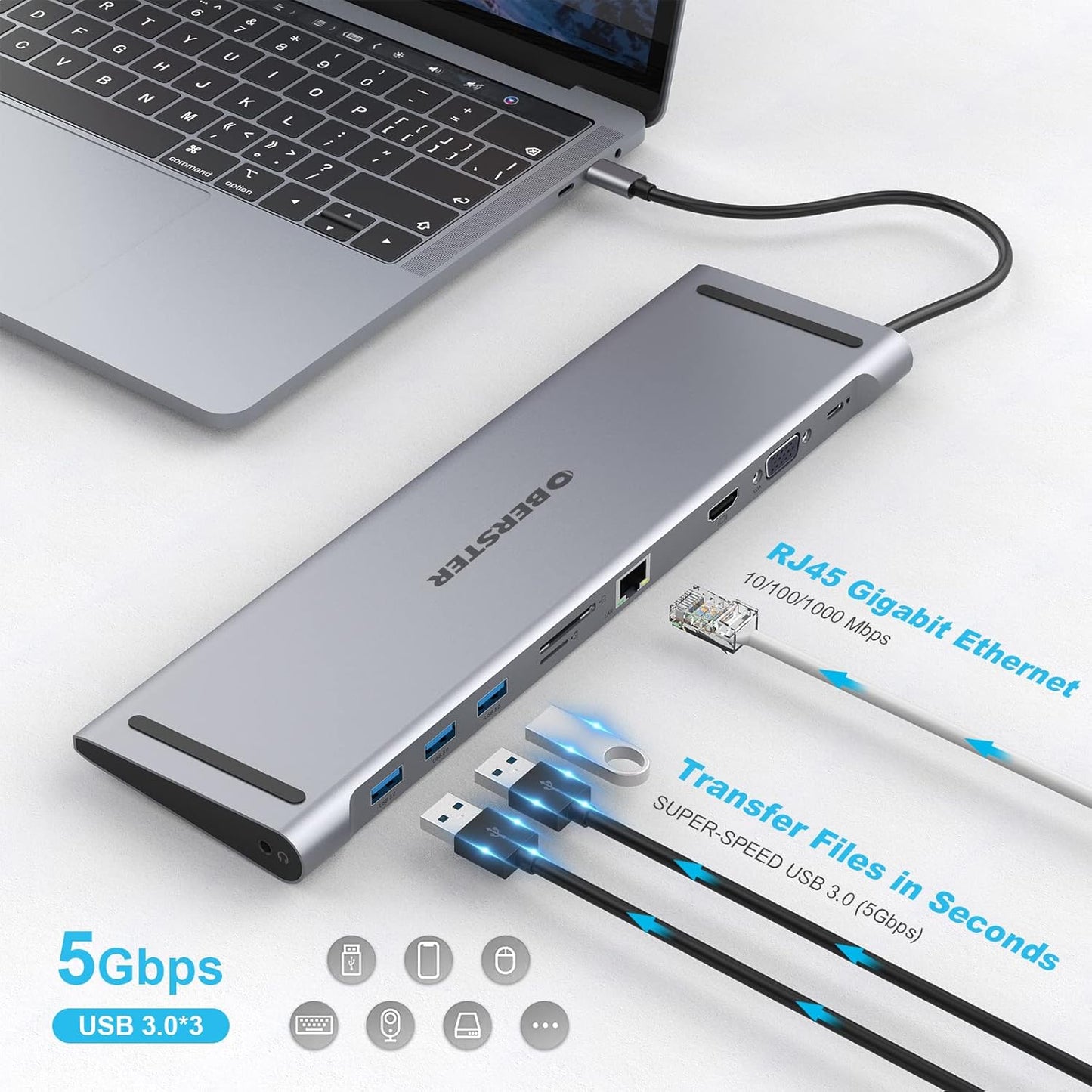 Station d'accueil USB C Docking Station, 10 en 1 Triple Display USB C Hub Dual Monitor mit 4K HDMI, VGA, 3xUSB 3.0, PD 100W, Ethernet, SD/TF Slots, Laptop-Dockingstation für MacBook und Windows