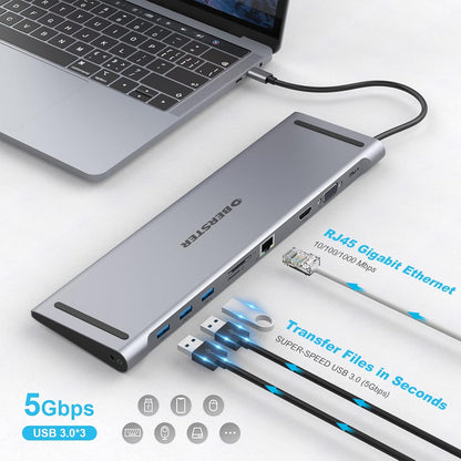 Station d'accueil USB C Docking Station, 10 en 1 Triple Display USB C Hub Dual Monitor mit 4K HDMI, VGA, 3xUSB 3.0, PD 100W, Ethernet, SD/TF Slots, Laptop-Dockingstation für MacBook und Windows