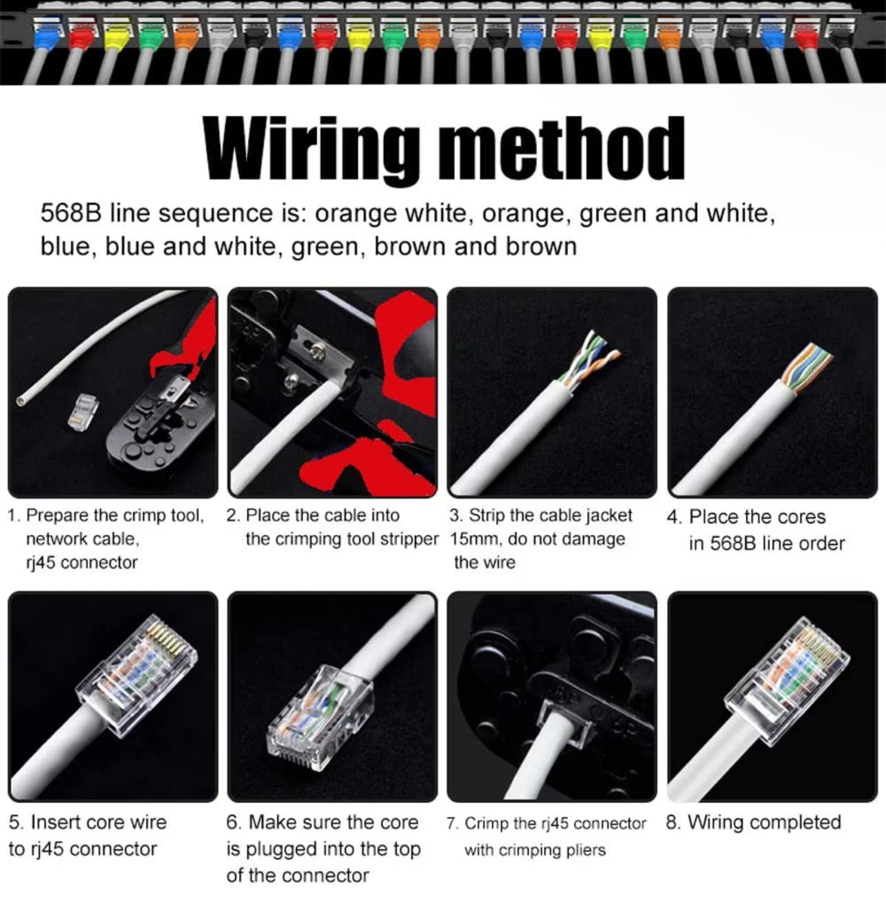 RJ45 Outils Kit Réseau Professionnel Pince à Sertir RJ12 RJ11 CAT5 CAT6 Cirmpature pour Câbles Réseau Entretien Kit LAN Testeur de Câble Outils de Réparation (Noir