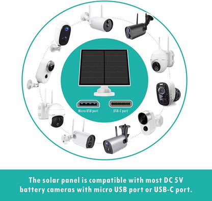 Panneau Solaire pour Caméra de Sécurité, 5W pour Micro USB et USB-C Port Caméra Extérieure Rechargeable, Panneaux Solaires avec 9.8ft Cable, Support Mural Ajustable, Traditionnel 2 Pack