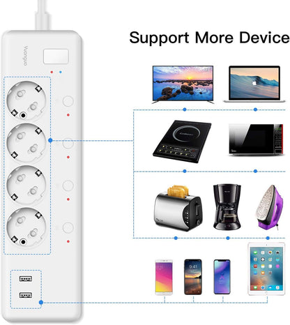 Prise Connectée WIFI Yuanguo Multiprise Intelligente 4000W 16A Indépendants Contrôle Vocal Français de App Compactible avec Alexa/Google Home/IFTTT 4Sortie 2USB Protection contre Surcharge
