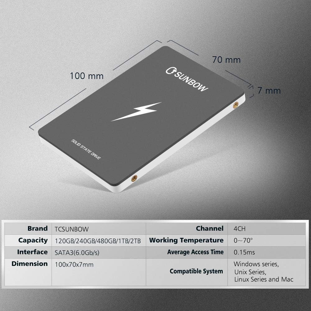 TCSUNBOW 240 Go 250 Go 256 Go 2.5 Pouces SSD avec 256 Mo de Cache SATAIII 6 Go/s Disque Dur Interne à Semi-conducteur pour Ordinateur Portable Tablette PC (X3 240 Go)