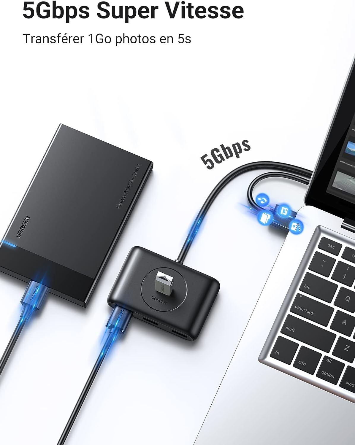 UGREEN Hub USB 3.0 vers 4 Ports USB 5Gbps Transfert Rapide Hub Multiple USB Compatible avec Souris Clavier Disque Dur, PC PS5 PS4 Pro Slim Xbox One MacBook USB A, Windows MacOS Linux, 1M Câble