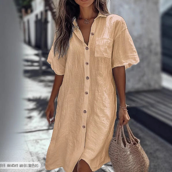 Robe Chemise "Elegance-Flow" – Coupe Ample, Col à Revers & Boutonnage Classique
Le chic minimaliste pour un été tout en confort