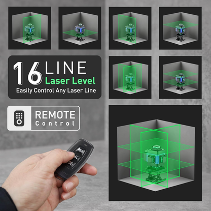 Niveau Laser 360°,Laser Chantier Autonivelant 4d 16 Lignes,Mode Impulsion,avec 2 Piles,Télécommande,Base en Aluminium et Trépied,Étanchéité IP54,pour Construction et Accrochage de tableaux