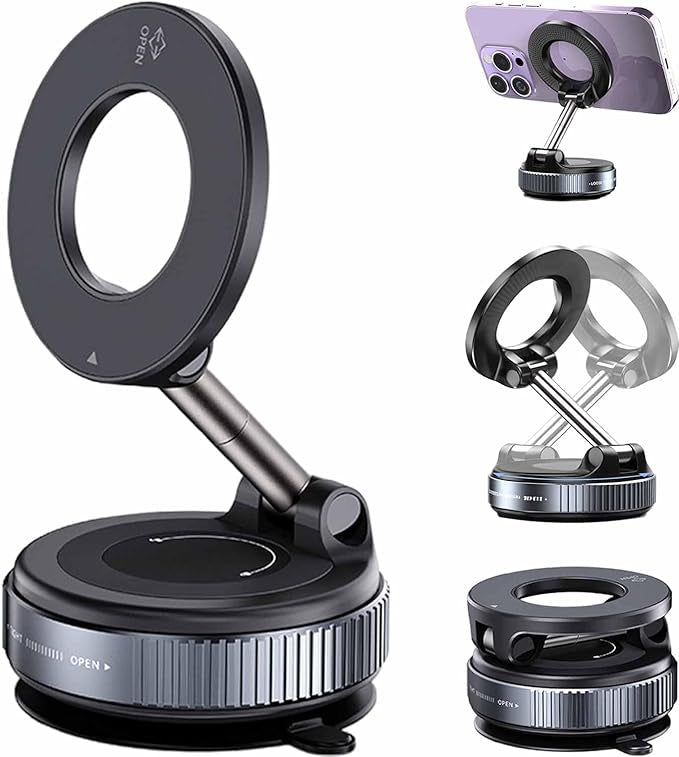Support de téléphone, support de téléphone magnétique sous vide réglable à 360° Shopellox, support de téléphone mains libres pliable et rétractable pour maquillage/gymnase/miroir, adapté à tous les smartphones (noir)