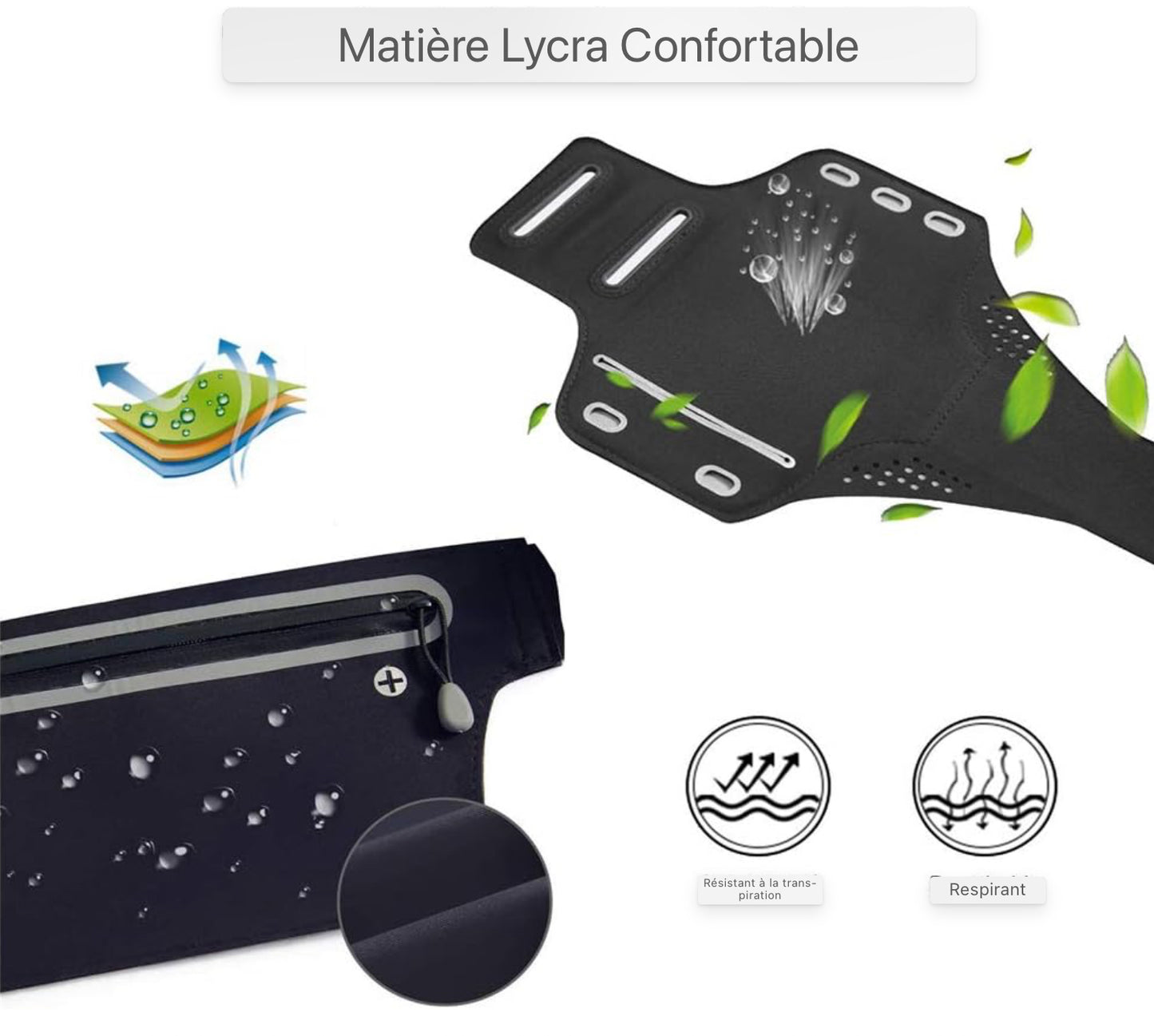 Ensemble de bracelet de sac de hanche de sport, ensemble de sac de course de sport et de bracelet pour smartphones ceinture de course de jogging, sac banane femme homme, avec porte-clé, trou pour casque et bande d'extension - Noir